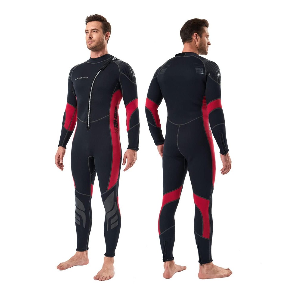 Seaskin Wetsuit Men Women 3Mm Neoprene Full Body Diving Suits Front Zip Wetsuit For Diving Snorkeling Surfing Swimming (Mens Black+Red, X-Large)