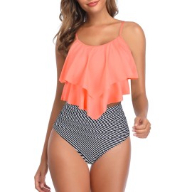 Womens Tankini Swimsuits High Waisted Bathing Suits Tummy Control Ruffled Top Swimwear Two Piece Swimming Suits 10 Orange-White Striped 10-12