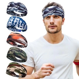 5Pcs Workout Headbands for Men Elastic Non Slip Sweatbands for Yoga Running Fitness Wicking Hairbands fits All Men and Women Girls