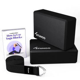 Stuhoo Yoga Block Set Of 2 And Yoga Strap Includes Descriptive E-Book For Beginners Sturdy Yoga Brick & Lightweight Eva Foam Block Support Deepen Poses, Provides Strength & Stability For Pilates Practice (Black)