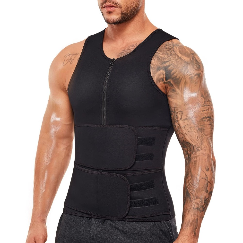 Wonderience Sauna Suit For Men Waist Trainer Neoprene Sweat Vest With Adjustable Waist Trimmer Belt (Black, Large)