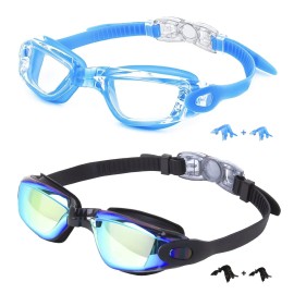 Kids Swim Goggles,2 Pack Anti-Fog Leak Proof Kids Swimming Goggles,Anti-Uv Clear Vision Glasses For Children Age 6-14 (Aqua Clear Blue)