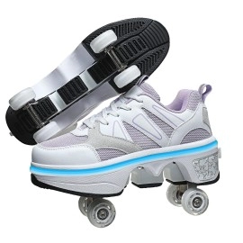 Kofuboke Led Women Deformation Roller Skate Shoes Ouble-Row Walking Shoes With Invisible Wheels (Purple, 8)