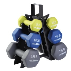 Holahatha Hex Dumbbell Weight Training Home Gym Equipment Set With 5, 10, And 15 Pound Fitness Hand Weights And Storage Organization Rack, Multicolor
