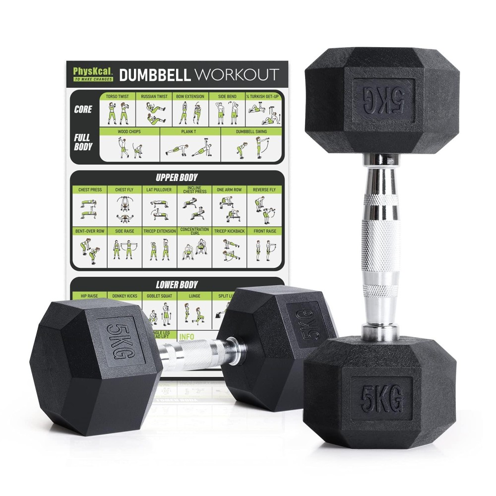 Physkcal Hex Dumbbells Set, Odourless Poly Rubber Encased Dumbbells 25Kg 5Kg 75Kg 10Kg 125Kg 15Kg 20Kg Pair Or Single Home Gym Weights Set, 5Kg Pair