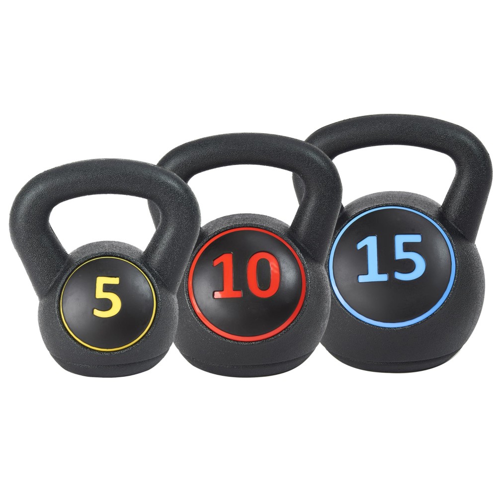 Sporzon! Wide Grip Kettlebell Exercise Fitness Weight, Set Of 3, Includes 5 Lbs, 10 Lbs, 15 Lbs, Multicolor