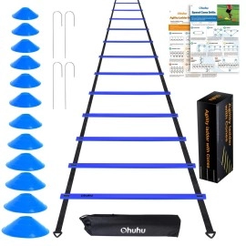 Ohuhu Agility Ladder Speed Training Set: 12 Rung 20Ft Soccer Training Equipment With 12 Cones, 4 Steel Stakes, Instruction Manual Carrying Bag For Soccer Football Exercise Sports Footwork Training