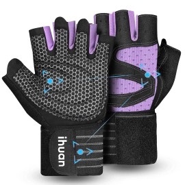 Ihuan Ventilated Weight Lifting Gym Workout Gloves With Wrist Wrap Support For Men & Women, Full Palm Protection, For Weightlifting, Training, Fitness, Hanging, Pull Ups