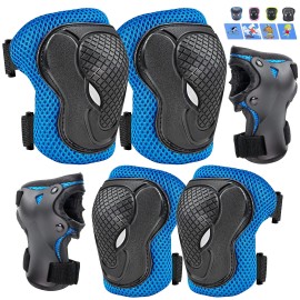 Gtsbros Knee Pads For Kids Knee Pads And Elbow Pads 6 In 1 Protective Gear Set With Wrist Guard For Boys Girls Skateboarding Inline Roller Skating Cycling Scooter(Blue)
