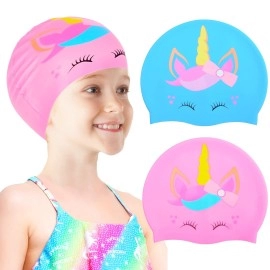 2 Pcs Kids Swim Cap Silicone Swimming Cap For Boys Girls (Age 3-12) Cover Ears Waterproof Bathing Cap Keep Hair Dry Swimming Hat For Hair