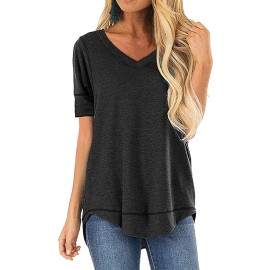 Jomedesign Short Sleeve Tops For Women Solid T Shirts Side Split Loose Patchwork Tunic Summer Shirts Tees Black Small