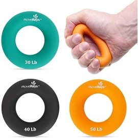 Moverays Hand Grip Strengthener, Forearm, Fingers Exerciser - Silicone Rings For Muscle Training, Sports, Rock Climbing, Fitness - Teal Grey Orange