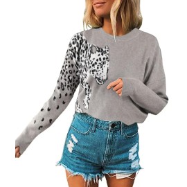 Angashion Womens Sweaters Casual Leopard Printed Patchwork Long Sleeves Knitted Pullover Cropped Sweater Tops 2182 Grey Large