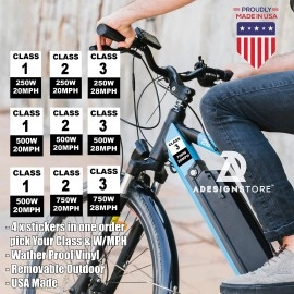 Electric Bicycle Frame Identification Class 3 Number Stickers Decals - Class 3 750W 28MPH Weatherproof Vinyl Stickers Set - Electric Bike Stickers Class Number Sign Mark - 4 Removable Sticker e-Bike