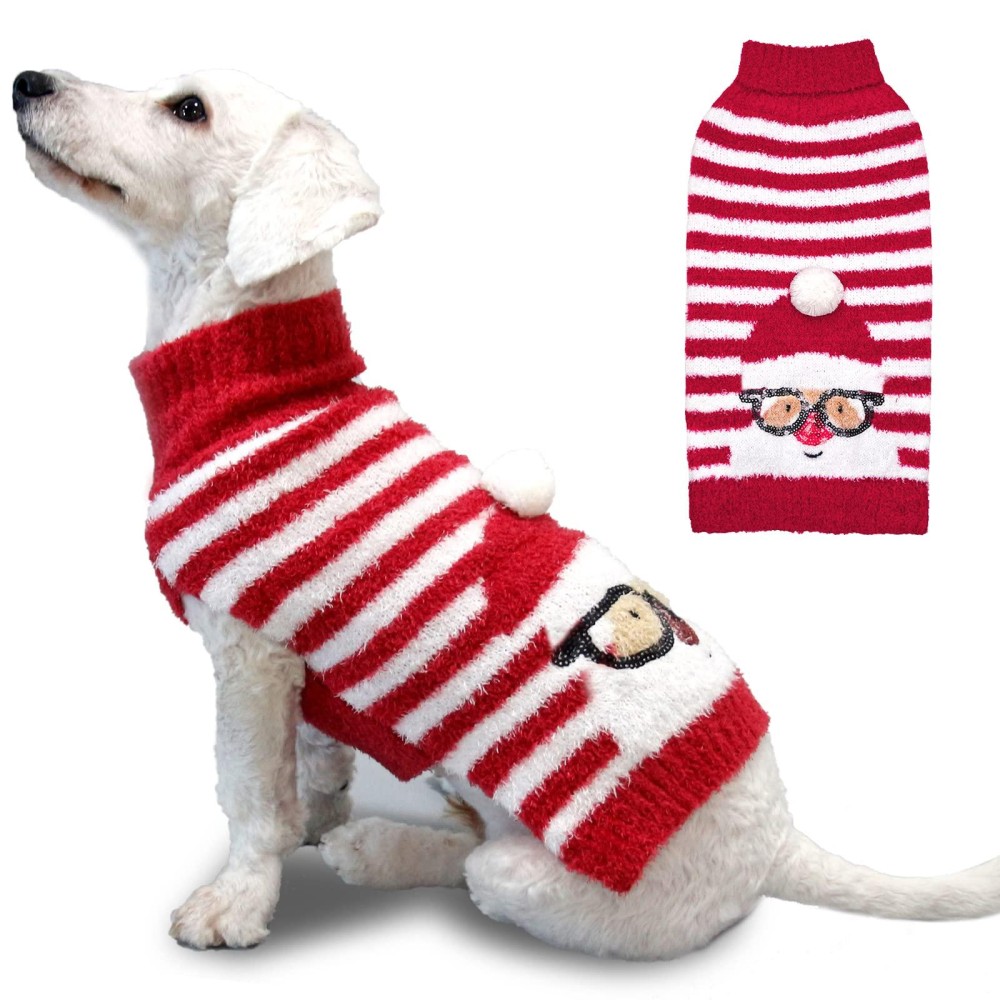 Cyeollo Dog Sweater Soft Turtleneck Classic Striped Santa Claus Holiday Christmas Dog Sweaters For Small Dogs Cats