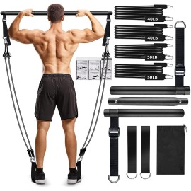 Pilates Bar Kit With Resistance Bands(4 X Resistance Bands),3-Section Pilates Bar With Stackable Bands Workout Equipment For Legs,Hip,Waist And Arm,Exercise Fitness Equipment For Women & Men