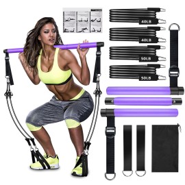 Pilates Bar Kit With Resistance Bands(4 X Bands),3-Section Pilates Bar With Stackable Bands Workout Equipment For Legs,Hip,Waist And Arm (Adjustable(Purple 40/50Lbs))