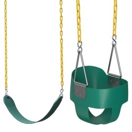 Jungle Gym Kingdom Toddler Swing - Heavy Duty, High Back, Full Bucket Baby Swing Seat With Coated Chains For Outdoor Use - Fully Assembled - Green