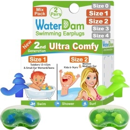 Waterdam Swimming Ear Plugs Great Waterproof Ultra Comfy Earplugs Prevent Swimmers Ear (Size 1+2: Toddlers (Blue) & Small&Medium Ear Women Kids Teens (Green))