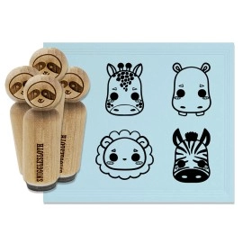 Cute Kawaii Style African Animals Lion Zebra Hippo Giraffe Rubber Stamp Set For Stamping Crafting Planners - 34 Inch Small