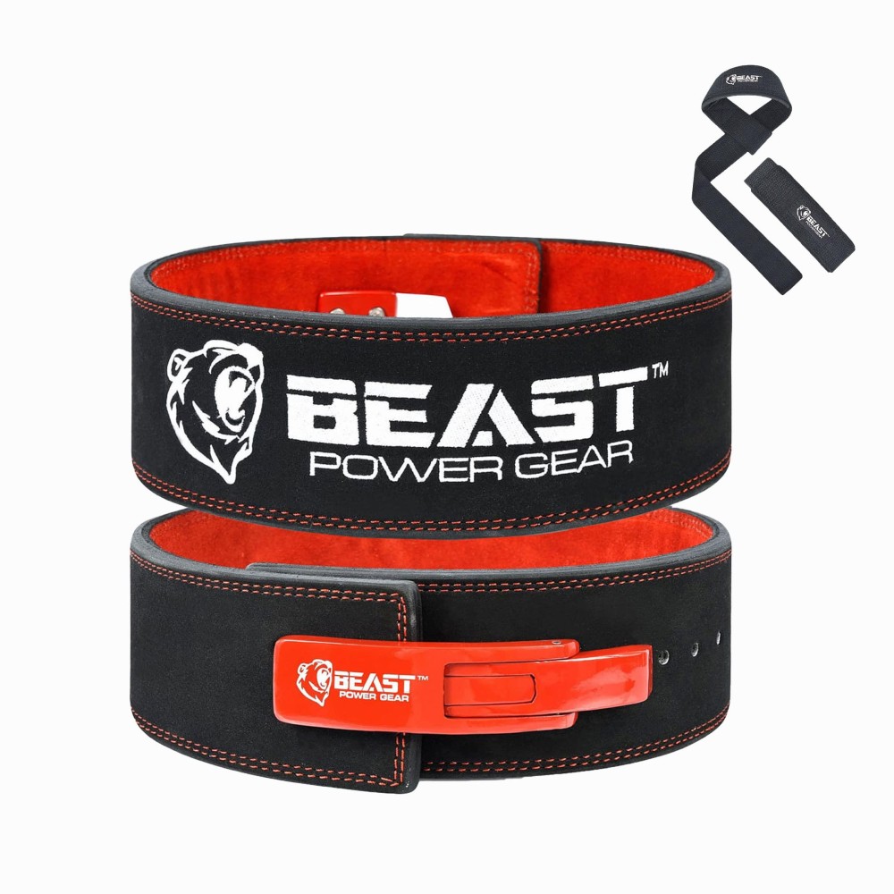 Beast Power Gear Weight Lifting Belt With Lever Buckle 10Mm 13Mm Thick 4 Inches Wide Free Strap- Advanced Back Support For Weightlifting, Powerlifting, Deadlifts, Squats - Men Women (Xx-Large, Blackred)