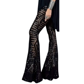 Blencot Bell Bottoms For Women High Waisted Wide Leg Palazzo Pants Bling Sequin Flared Trousers Black 2Xl