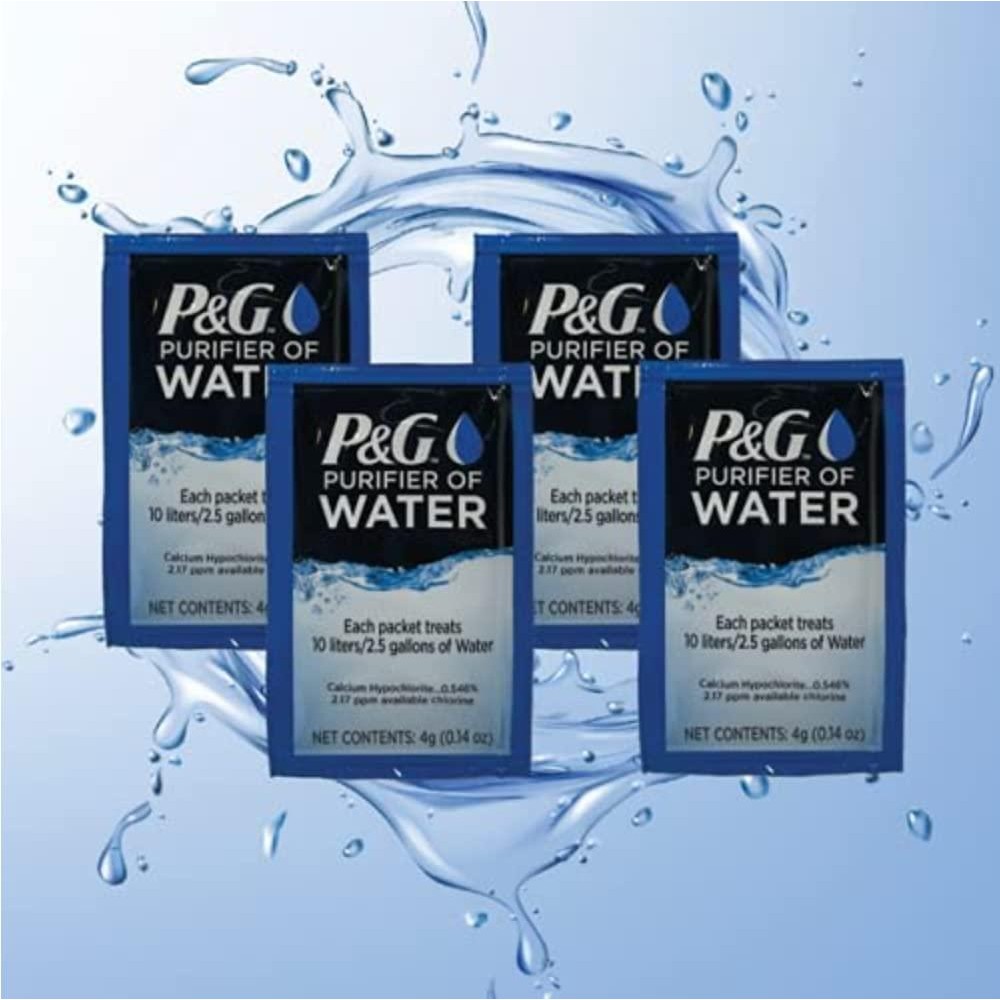 P&G Purifier Of Water Portable Water Purifier Packets. Emergency Water Filter Purification Powder Packs For Camping, Hiking, Backpacking, Hunting, And Traveling. (4 Packets)