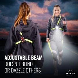 AVANTO Triple Beam Chest Light, Original, 500 Lumen Outdoors LED Night Running Lights for Runners and Joggers, Dog Walkers, Long 5-7h Usetime, Strong USB Rechargeable 2200mAh Battery, Reflective Vest