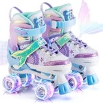 Nemone Mermaid Or Bunny Strawberry 4 Size Adjustable Light Up Roller Skates For Girls, Purple Blue Skates For Toddlers, Beginner Kids Roller Skates Indoor Outdoor (Blue, M)
