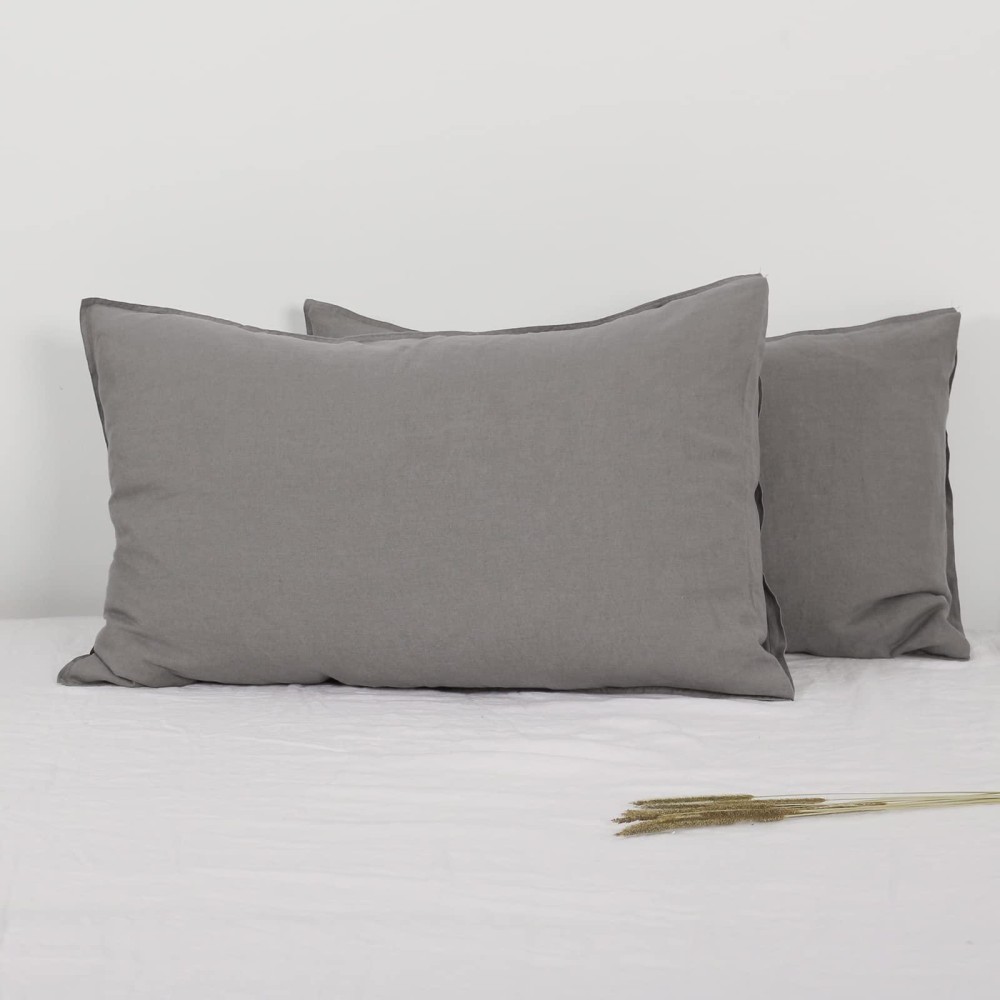 Simple&Opulence 100% Stone Washed Linen Basic Style Solid Color Pillowcases Set Of 2, Envelope Closure King Size 20X40,Ultimate Grey