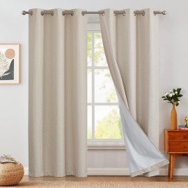 Jinchan 100% Blackout Beige Curtains 84 Inches Long For Bedroom Living Room Linen Textured Room Darkening Thermal Insulated Grommet Top Window Treatment Drapes 2 Panels