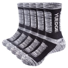 Yuedge Women'S Hiking Socks Black Moisture Wicking Cotton Casual Athletic Cushioned Crew Socks Work Boot Socks For Women 5-8, 5 Pairs