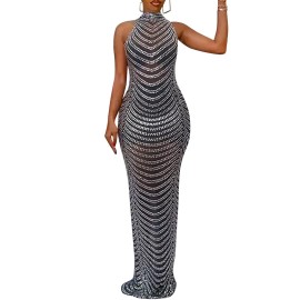 Porrcey Womens Sexy Hot Drilling Craft Dress Bodycon Party Club Night Out Dress(5259,Black,Xl)