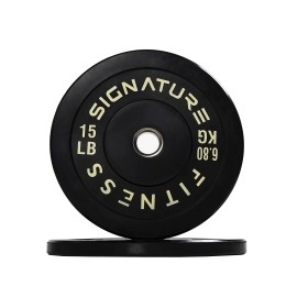 Signature Fitness 2 Olympic Bumper Plate Weight Plates With Steel Hub, 15Lb Pair, Black