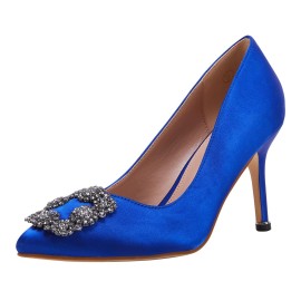 Womens Stiletto High Heel Pumps Classic Party Wedding Pointed Toe Pump Shoes With Jewel Buckle Blue