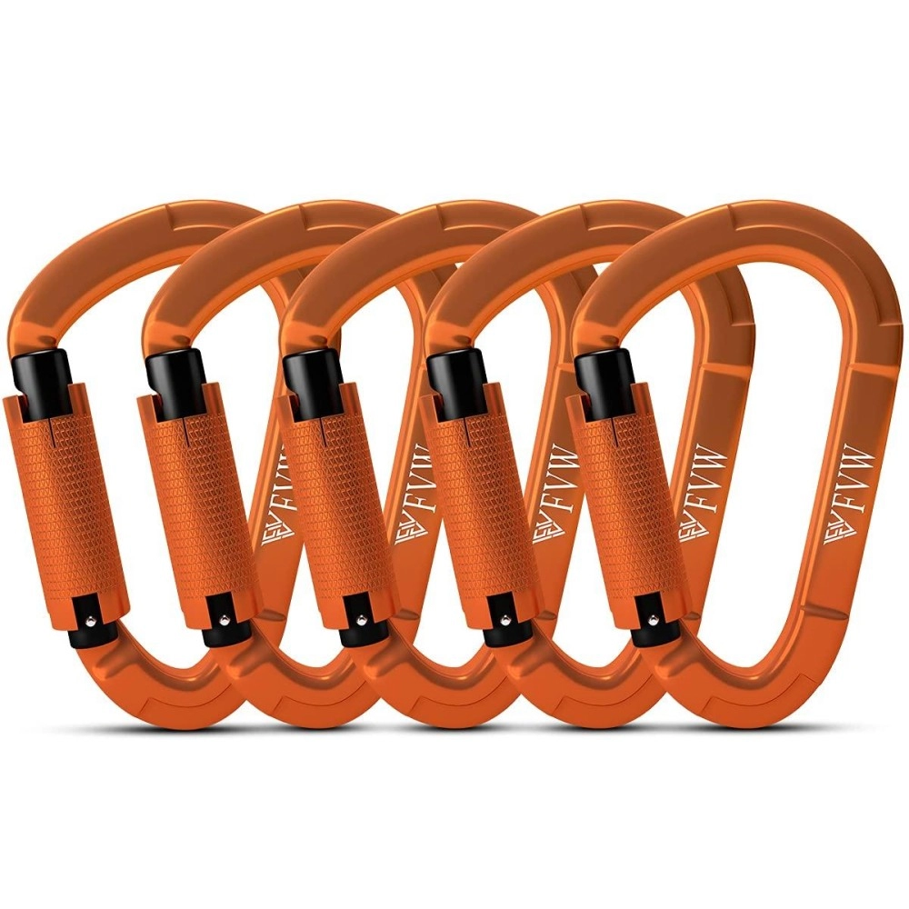 Fvw 5 Pieces Heavy Duty Climbing Carabiners, 25Kn Auto Locking Rock Climbing Carabiners Clips For Hammocks, Swing, Locking Dog Leash And Harness, Camping, Hiking & Utility (Orange)