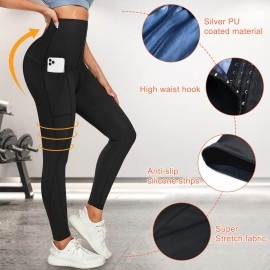 Agilong Women Sauna Sweat Pants With Pocket High Waist Workout Capris Leggings Hot Thermo Body Shaper Weight Loss (Black, Large)