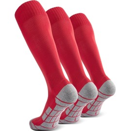 Cwvlc Youth Soccer Baseball Socks 3 Pairs, Football Sport, Softball Team Athletic Socks, Knee High Long Tube Cotton Arch Ankle Compression Socks, Red, Large