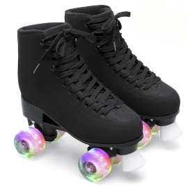 Feetcity Roller Skates For Women Outdoor Pu Leather Four-Wheel High-Top Double-Row Adjustable Roller Skates Unisex Shiny Roller Skates,Indoor Adult Roller Skates Size 12 Black