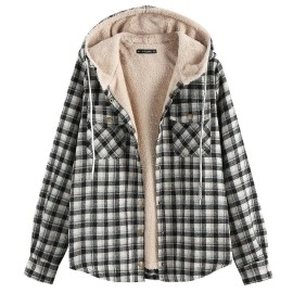 Zaful Womens Unisex Casual Plaid Fleece Jacket Hooded Fluffy Lined Button Pocket Coat Drawstring Fuzzy Hoodie