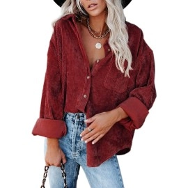 Chyrii Womens Corduroy Shirts Casual Oversized Button Down Shacket Long Sleeve Blouses Tops With Pockets Red Xl
