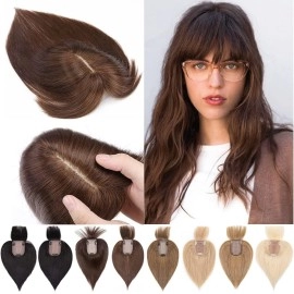 Sego 100% Real Human Hair Toppers With Bangs 150% Density Silk Base Clip In Topper Top Hair Pieces For Women With Thinning Hair 18 Inch 4# Medium Brown 53G