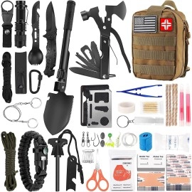 Survival Kit And First Aid Kit, 142Pcs Professional Survival Gear And Equipment With Molle Pouch, For Men Dad Husband Who Likes Camping Outdoor Adventure (Khaki)