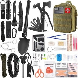 Survival Kit And First Aid Kit, 142Pcs Professional Survival Gear And Equipment With Molle Pouch, For Men Dad Husband Who Likes Camping Outdoor Adventure (Green)