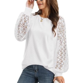 Yesno Women Trendy Blouses Casual Loose Knit Tops Pullover Hollow-Out Lace Long Sleeve Shirts Ty3 (L Ty3 White)