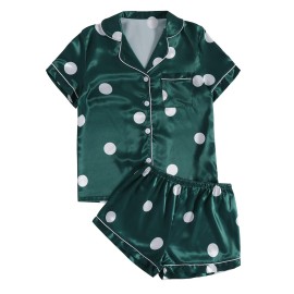 Lyaner Womens Striped Silky Satin Pajamas Short Sleeve Top With Shorts Sleepwear Pj Set Dots Dark Green X-Small
