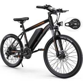Totguard Electric Bike, Bike For Adults 26'' Ebike With 350W Motor, 19.8Mph Mountain Lockable Suspension Fork, Bicycle 36V/10.4Ah Battery, 21 Speed Gears