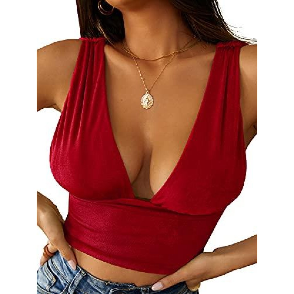 Lyaner Womens Sexy Deep V Neck Slim Fitted Strap Crop Cami Tank Sleeveless Top Red X-Large