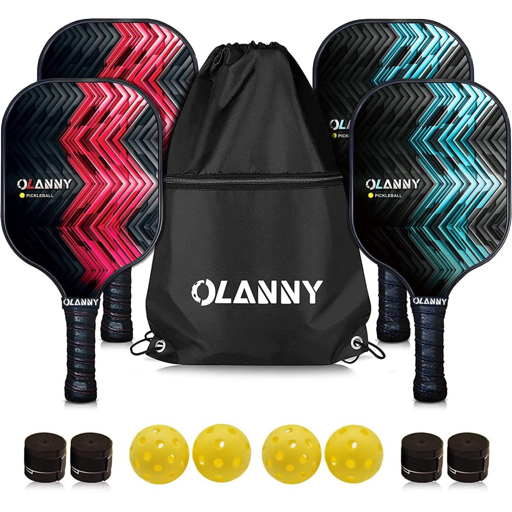 Olanny Pickle Ball Raquette Set Of 4 Lightweight Pickleball Paddle Set Premium Comfort Grip Polymer Honeycomb Core Set Of Four Paddles,4 Replacement Soft Grip,4 Balls & Drawstring Bag