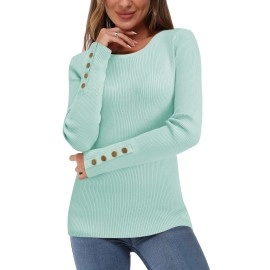 Newshows Womens Solid Long Sleeve Knit Crew Neck Button Stretch Casual Pullover Sweater Tops(Light Blue,Medium)